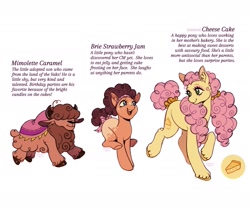 Size: 1541x1303 | Tagged: safe, artist:anemonaii, li'l cheese, oc, oc:brie strawberry jam, oc:cheese cake (anemonaii), oc:mimolette caramel, earth pony, pony, yak, g4, adopted offspring, adopted son, alternate name, blue eyes, bow, brown mane, brown tail, cape, clothes, coat markings, colored hooves, colored pinnae, countershading, curly mane, curly tail, ear fluff, earth pony oc, eyelashes, eyeshadow, facial markings, female, freckles, green eyes, hair over eyes, headband, height difference, jumping, long mane, looking at each other, looking at someone, makeup, next generation, non-pony oc, offspring, older li'l cheese, open mouth, open smile, orange coat, parent:cheese sandwich, parent:pinkie pie, parents:cheesepie, pigtails, pink mane, pink tail, raised hoof, short mane, short tail, siblings, signature, simple background, smiling, smiling at each other, snip (coat marking), splotches, tail, tail bow, text, tied tail, trans female, transgender, trio, unshorn fetlocks, walking, white background, wingding eyes, yak oc, yellow coat