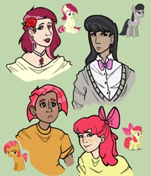 Size: 3000x3500 | Tagged: safe, artist:foxysslave, apple bloom, babs seed, octavia melody, roseluck, human, pony, g4, alternate hairstyle, apple bloom's bow, bow, bowtie, cardigan, choker, clothes, cousins, dark skin, ear piercing, earring, eyeshadow, female, filly, flower, flower in hair, foal, freckles, green background, grin, hair bow, humanized, jewelry, makeup, mare, piercing, rose, shirt, simple background, smiling, t-shirt