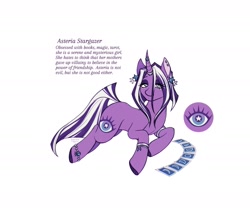 Size: 1541x1303 | Tagged: safe, artist:anemonaii, oc, oc only, oc:asteria stargazer, pony, unicorn, g4, blue eyes, bracelet, colored hooves, colored pinnae, curved horn, ear piercing, earring, eye clipping through hair, eyeshadow, facial markings, female, frown, horn, horn jewelry, horn ring, jewelry, lidded eyes, long mane, long tail, lying down, magical lesbian spawn, makeup, mare, next generation, offspring, parent:starlight glimmer, parent:trixie, parents:startrix, piercing, prone, purple coat, purple text, ring, signature, simple background, solo, tail, tarot cards, text, two toned mane, two toned tail, unicorn horn, unicorn oc, white background, wingding eyes