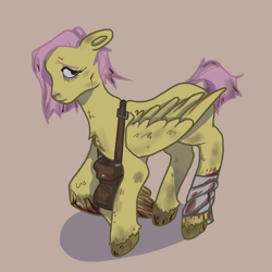 Size: 3000x3000 | Tagged: safe, artist:foxysslave, fluttershy, pegasus, pony, g4, alternate hairstyle, bag, bandage, blood, female, infected, infection, mare, mlp infection, saddle bag, scar, solo, unshorn fetlocks, virus