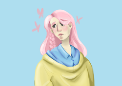 Size: 3508x2480 | Tagged: safe, artist:foxysslave, fluttershy, human, g4, alternate hairstyle, blue background, blushing, clothes, humanized, shirt, simple background, solo, sweater, sweatershy