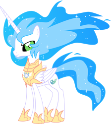 Size: 7375x8246 | Tagged: safe, artist:shootingstarsentry, oc, oc only, oc:cosmos, alicorn, pony, armor, black sclera, concave belly, ethereal mane, ethereal tail, folded wings, frown, green eyes, hoof shoes, horn, long horn, looking at you, male, male alicorn, male alicorn oc, neck armor, peytral, princess shoes, simple background, slender, slit pupils, solo, sparkly mane, sparkly tail, stallion, standing, tail, thin, transparent background, wings