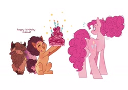 Size: 1420x995 | Tagged: safe, artist:anemonaii, pinkie pie, oc, oc:brie strawberry jam, oc:mimolette caramel, earth pony, pony, yak, g4, adopted offspring, adopted son, birthday cake, blanket, blue eyes, bow, brown mane, brown tail, butt, cake, cloven hooves, coat markings, colored hooves, colored horns, colored pinnae, curly mane, curly tail, dialogue, earth pony oc, emanata, eyelashes, eyes closed, facial markings, featureless crotch, food, freckles, frosting, hair over eyes, happy birthday, headband, height difference, hoof hold, long legs, long mane, long tail, next generation, offspring, older, older pinkie pie, open mouth, open smile, orange coat, parent:cheese sandwich, parent:pinkie pie, parents:cheesepie, pink coat, plot, raised eyebrows, signature, simple background, smiling, snip (coat marking), stars, surprise party, tail, tail bow, talking, text, tied mane, trio, white background, wingding eyes, yak oc