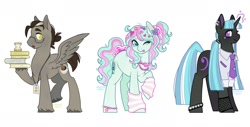 Size: 1900x962 | Tagged: safe, artist:anemonaii, oc, oc only, oc:conan, oc:mint bubble, oc:resonance (anemonaii), earth pony, pegasus, unicorn, g4, arm warmers, black coat, blue coat, blue eyes, blue mane, blue tail, bracelet, brown mane, brown tail, button-up shirt, clothes, colored eyebrows, colored hooves, colored pinnae, curly mane, curly tail, dress shirt, ear piercing, earring, earth pony oc, eye clipping through hair, eyelashes, eyeshadow, female, fishnet clothing, freckles, glasses, gray coat, gyaru, hair accessory, hair bun, hairclip, hoof hold, horn, jewelry, lanyard, leg freckles, long mane, long tail, looking back, magic, magical lesbian spawn, makeup, male, mare, messy mane, messy tail, multicolored mane, multicolored tail, necklace, necktie, next generation, offspring, one eye closed, open mouth, parent:bon bon, parent:derpy hooves, parent:doctor whooves, parent:lyra heartstrings, parent:octavia melody, parent:vinyl scratch, parents:doctorderpy, parents:lyrabon, parents:scratchtavia, pegasus oc, physique difference, piercing, pigtails, profile, purple eyes, raised eyebrows, raised hoof, shirt, signature, simple background, smiling, spiked wristband, spread wings, stallion, standing, straight mane, straight tail, tail, teal eyes, tied mane, tied tail, tongue out, trio, two toned mane, two toned tail, unicorn horn, unicorn oc, unshorn fetlocks, wall of tags, white background, wing freckles, wingding eyes, wings, wink, wristband, yellow eyes
