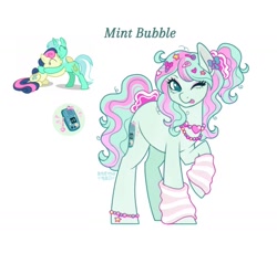 Size: 1050x962 | Tagged: safe, artist:anemonaii, oc, oc only, oc:mint bubble, earth pony, pony, arm warmers, blue coat, blue eyes, bracelet, clothes, colored pinnae, ear piercing, earring, earth pony oc, eye clipping through hair, eyeshadow, female, freckles, gyaru, hair accessory, hairclip, jewelry, long mane, long tail, magical lesbian spawn, makeup, mare, messy mane, messy tail, necklace, next generation, offspring, one eye closed, parent:bon bon, parent:lyra heartstrings, parents:lyrabon, piercing, ponytail, raised hoof, reference, signature, simple background, solo, tail, teal eyes, text, tied mane, tied tail, tongue out, two toned mane, two toned tail, white background, wingding eyes, wink