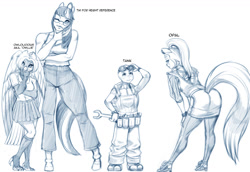 Size: 1280x880 | Tagged: safe, artist:kinojaggernov, opalescence, owlowiscious, tank, twilight sparkle, bird, cat, owl, tortoise, unicorn, anthro, g4, anthro pets, ass, breasts, butt, clothes, glasses, goggles, goggles on head, horn, overalls, pants, shirt, simple background, skirt, socks, stockings, thigh highs, toolbelt, white background, wrench