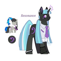 Size: 966x962 | Tagged: safe, artist:anemonaii, oc, oc only, oc:resonance (anemonaii), pony, unicorn, beauty mark, black coat, blue mane, blue tail, button-up shirt, clothes, colored pinnae, dress shirt, ear piercing, earring, eyelashes, female, fishnet clothing, horn, jewelry, long mane, long tail, magic, magical lesbian spawn, mare, multicolored mane, multicolored tail, necktie, next generation, offspring, parent:octavia melody, parent:vinyl scratch, parents:scratchtavia, piercing, profile, purple eyes, reference, shirt, signature, simple background, smiling, solo, spiked wristband, standing, straight mane, straight tail, tail, text, unicorn oc, white background, wingding eyes, wristband