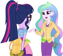 Size: 2825x2520 | Tagged: safe, edit, edited screencap, editor:homersimpson1983, screencap, princess celestia, principal celestia, sci-twi, twilight sparkle, human, equestria girls, g4, my little pony equestria girls: better together, my little shop of horrors, background removed, clothes, duo, equestrian magic, female, glasses, gloves, not a vector, ponytail, simple background, transparent background, watering can