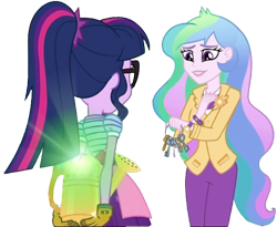 Size: 3075x2520 | Tagged: safe, edit, edited screencap, editor:homersimpson1983, screencap, princess celestia, principal celestia, sci-twi, twilight sparkle, human, equestria girls, equestria girls series, g4, my little shop of horrors, background removed, clothes, duo, female, glasses, gloves, key, not a vector, ponytail, simple background, transparent background, watering can