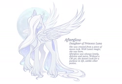 Size: 1612x1116 | Tagged: safe, artist:anemonaii, oc, oc only, oc:afterglow (anemonaii), pegasus, pony, g4, colored pinnae, concave belly, female, fetlock tut, frown, full moon, hair over eyes, hoof fluff, large wings, long legs, long mane, long tail, mare, moon, next generation, offspring, parent:princess luna, pegasus oc, purple text, raised hoof, signature, simple background, slender, solo, spread wings, standing, tail, tall, text, thin, thin legs, unshorn fetlocks, wavy mane, wavy tail, white background, white coat, white mane, white tail, wings