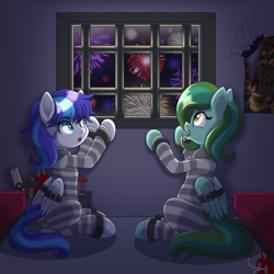 Size: 4300x4300 | Tagged: source needed, safe, artist:pananovich, oc, oc only, oc:eden shallowleaf, oc:snowflake flower, pegasus, belt, bound wings, butt, clothes, commissioner:rainbowdash69, detonator, duo, duo female, explosives, female, fireworks, jail cell, never doubt rainbowdash69's involvement, pegasus oc, plot, plot pair, prison cell, prison outfit, prison stripes, wings