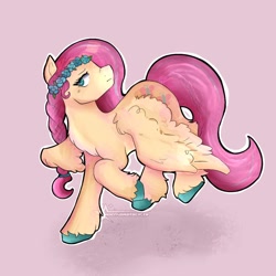 Size: 1024x1024 | Tagged: safe, artist:melthemeteoritez, fluttershy, pegasus, pony, g4, female, floral head wreath, flower, lidded eyes, mare, pink background, simple background, solo, turned head, unshorn fetlocks, wings, wings down