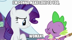 Size: 888x499 | Tagged: safe, edit, edited screencap, screencap, rarity, spike, dragon, pony, unicorn, winterchilla, winterzilla, g4, my little pony best gift ever, chef (south park), duo, eyes closed, female, horn, i'm gonna make love to you woman, implied lovemaking, male, mare, meme, parody, scene parody, ship:sparity, shipping, smiling, song in the description, song reference, south park, straight, twilight's castle, winged spike, wings