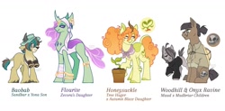 Size: 1671x821 | Tagged: safe, artist:anemonaii, oc, oc only, oc:baobab, oc:fluorite (anemonaii), oc:honeysuckle (anemonaii), oc:onyx ravine, oc:woodhill, changedling, changeling, earth pony, hybrid, kirin, original species, yakony, g4, :<, adopted offspring, ahoge, bandage, bandaged leg, bandana, beige coat, binoculars, bracelet, brown coat, button-up shirt, carapace, changedling oc, changeling horn, changeling oc, clothes, cloven hooves, colored hooves, colored horn, colored horns, colored pinnae, curly mane, curly tail, dress shirt, ear piercing, earring, earth pony oc, eyes closed, frown, glasses, gray coat, gray mane, gray tail, green coat, green eyes, group, hair over one eye, hat, headband, height difference, horn, horn ring, hybrid oc, interspecies offspring, jewelry, kirin horn, kirin oc, leg fluff, leonine tail, lidded eyes, looking back, neckerchief, next generation, offspring, open mouth, orange mane, orange tail, parent:autumn blaze, parent:maud pie, parent:mud briar, parent:sandbar, parent:tree hugger, parent:yona, parents:maudbriar, parents:treeblaze, parents:yonabar, physique difference, piercing, ponytail, potted plant, profile, purple eyes, purple mane, purple tail, quintet, raised hoof, ring, safari hat, shirt, short mane, short tail, signature, simple background, sitting, smiling, standing, tail, text, turtleneck, two toned mane, two toned tail, unshorn fetlocks, wall of tags, white background, wingding eyes, yellow coat
