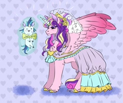 Size: 1900x1600 | Tagged: safe, artist:cluterdrop, princess cadance, shining armor, alicorn, pony, unicorn, g4, bowtie, clothes, concave belly, dress, duo, duo male and female, female, horn, husband and wife, larger female, levitation, magic, male, mare, meme, messy mane, patterned background, ship:shiningcadance, shipping, size difference, smaller male, smol, spread wings, stallion, straight, tall, telekinesis, the bride and the ugly ass groom, wedding dress, wings