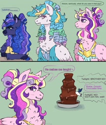 Size: 1600x1900 | Tagged: safe, artist:cluterdrop, princess cadance, princess celestia, princess luna, shining armor, alicorn, pony, unicorn, g4, chest fluff, chocolate, chocolate fountain, clothes, comic, dialogue, dress, female, food, horn, implied pinkie pie, implied twilight sparkle, lipstick, male, mare, meme, offscreen character, old english, ponies in food, reference, ship:shiningcadance, shipping, speech bubble, stallion, straight, the bride and the ugly ass groom, wedding dress, who framed roger rabbit