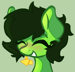 Size: 2485x2401 | Tagged: safe, artist:foxtrnal, oc, oc only, oc:filly anon, pony, blushing, bust, female, filly, foal, green background, happy, high res, simple background, solo