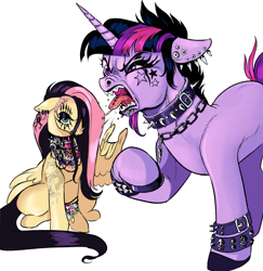 Size: 1982x2035 | Tagged: safe, artist:gorjee-art, fluttershy, twilight sparkle, pegasus, pony, unicorn, g4, bib necklace, collar, devil horn (gesture), drool, duo, duo female, ear piercing, earring, eyeshadow, face paint, female, high res, horn, jewelry, looking at you, makeup, mare, meme, metal, necklace, piercing, simple background, spiked collar, spiked wristband, tongue out, tongue piercing, unicorn twilight, we're emo, white background, wing hands, wings, wristband
