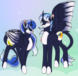 Size: 1300x1280 | Tagged: safe, artist:queenpoisonstar, oc, oc only, oc:crown prince dusk, oc:crown princess dawn, alicorn, pony, brother, brother and sister, closed mouth, coat markings, ear fluff, eyes open, family, fanfic art, female, folded wings, gradient background, happy, heterochromia, hybrid wings, leonine tail, lipstick, looking, looking at you, looking back, looking back at you, magical lesbian spawn, makeup, male, mare, name, next generation, nostrils, offspring, parent:princess celestia, parent:princess luna, parents:princest, prince, princess, product of incest, royalty, siblings, signature, sister, smiling, smiling at you, spread wings, stallion, standing, tail, text, tongue out, twins, unshorn fetlocks, wall of tags, wings