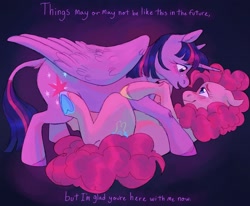 Size: 1700x1400 | Tagged: safe, artist:abbytabbys, pinkie pie, twilight sparkle, alicorn, earth pony, pony, g4, bittersweet, crying, female, lesbian, looking at each other, looking at someone, lying down, on top, ship:twinkie, shipping, smiling, smiling at each other, tears of joy, twilight sparkle (alicorn)
