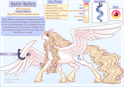 Size: 1600x1126 | Tagged: safe, artist:snowberry, oc, oc only, oc:satin sabre, pegasus, pony, bishonen, blonde, blonde hair, chest fluff, cutie mark, ear fluff, fit, large wings, long hair, long hair male, male, nudity, realistic horse legs, reference sheet, ribs, sheath, signature, simple background, slender, spread wings, stallion, sword, text, thin, two toned eyes, unshorn fetlocks, walking, wavy hair, weapon, wing hands, wing hold, wings