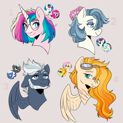 Size: 1600x1600 | Tagged: safe, artist:blazenly-obvious, artist:ghost-whisper03, bon bon, coco pommel, dj pon-3, fluttershy, night glider, pinkie pie, spitfire, sweetie drops, thunderlane, vinyl scratch, oc, oc only, unnamed oc, earth pony, pegasus, pony, unicorn, g4, bandaid, bandaid on nose, beard, bust, collaboration, facial hair, female, flower, flower in hair, fusion, glasses, goggles, goggles on head, heterochromia, horn, lesbian, magical lesbian spawn, male, mare, offspring, parent:bon bon, parent:coco pommel, parent:fluttershy, parent:night glider, parent:spitfire, parent:thunderlane, parents:cocobon, parents:spitshy, parents:thunderglider, parents:vinylpie, scar, screencap reference, ship:cocobon, ship:spitshy, ship:thunderglider, shipping, simple background, stallion, vinylpie, white background
