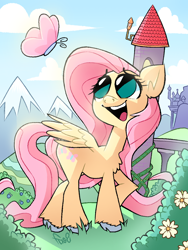 Size: 2304x3072 | Tagged: safe, artist:fraciss, fluttershy, butterfly, pegasus, pony, g4, castle, cute, female, high res, looking back, looking up, mare, open mouth, open smile, partially open wings, raised hoof, redraw, shyabetes, smiling, solo, unshorn fetlocks, wings