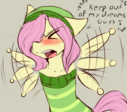 Size: 1280x1135 | Tagged: safe, artist:rainbowscreen, fluttershy, anthro, ask the gaylord, g4, blushing, butterscotch, flailing, hat, male, rule 63, solo