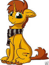 Size: 1500x1966 | Tagged: safe, artist:dsksh, oc, oc only, oc:agent diego, pony, unicorn, chest fluff, clothes, green eyes, horn, looking at you, male, one ear down, scarf, simple background, sitting, smiling, solo, stallion, striped scarf, transparent background, unicorn oc, unshorn fetlocks