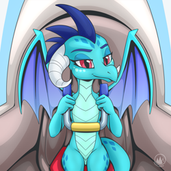 Size: 2523x2523 | Tagged: safe, artist:mysticalpha, princess ember, dragon, g4, amusement park, commission, dragoness, female, harness, high res, lidded eyes, looking at you, roller coaster, shoulder harness, signature, sitting, smiling, smiling at you, solo