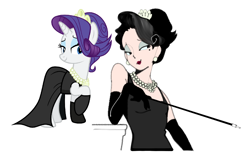 Size: 1296x847 | Tagged: safe, artist:bixels, rarity, human, pony, unicorn, the grand galloping 20s, g4, alternate hairstyle, black dress, breakfast at tiffany's, bust, cigarette, cigarette holder, clothes, dress, ear piercing, earring, evening gloves, female, gloves, horn, humanized, jewelry, lidded eyes, lipstick, long gloves, mare, mole, natural hair color, necklace, pearl earrings, pearl necklace, piercing, smiling, solo, tiara