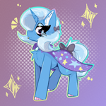 Size: 2000x2000 | Tagged: safe, artist:jubyskylines, trixie, pony, unicorn, g4, bow, cape, chest fluff, clothes, colored hooves, cute, cute little fangs, ear fluff, eye clipping through hair, fangs, female, hair bow, hoof polish, horn, mare, solo, sparkles, tail, tail bow, tongue out, trixie's cape