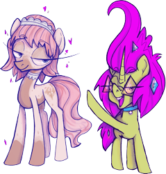 Size: 997x1042 | Tagged: safe, artist:overlord pony, oc, oc only, oc:electra inkblot, oc:nuclear blossom, earth pony, unicorn, glasses, headband, height difference, horn, jewelry, lidded eyes, necklace, reverse countershading, simple background, sparkles, transparent background