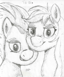 Size: 2516x3008 | Tagged: safe, artist:bjsampson, applejack, spitfire, earth pony, pegasus, g4, charcoal (medium), looking at you, monochrome, sketch, smiling, smiling at you, text, traditional art