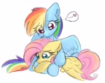 Size: 1771x1403 | Tagged: safe, artist:lbrcloud, fluttershy, rainbow dash, pegasus, pony, g4, ..., comforting, crying, duo, duo female, eyebrows, female, floppy ears, heart, heart eyes, lesbian, mare, sad, ship:flutterdash, shipping, simple background, speech bubble, spoken heart, teary eyes, white background, wingding eyes