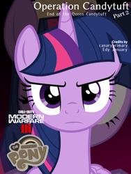 Size: 768x1024 | Tagged: safe, artist:canaryprimary, artist:edy_january, edit, part of a set, twilight sparkle, alicorn, pony, series:operation candytuft, g4, action poster, alternate universe, call of duty, call of duty: modern warfare 3, max payne, max payne 3, parody, part of a series, poster, purple background, reference, simple background, solo, story, twilight sparkle (alicorn), vector used