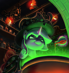Size: 1800x1900 | Tagged: safe, artist:justgaduh, oc, oc only, bat, cat, pony, unicorn, candle, cauldron, cloak, clothes, commission, female, hat, heterochromia, horn, jar, magic, mare, potion, telekinesis, thing in a jar, witch hat