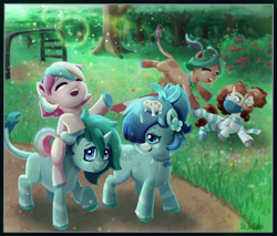 Size: 2000x1700 | Tagged: safe, artist:justgaduh, oc, oc only, earth pony, frog, pony, unicorn, choker, clothes, female, filly, foal, hair tie, horn, leonine tail, oc riding oc, picnic blanket, ponies riding ponies, riding, riding a pony, scarf, socks, sweater, tail