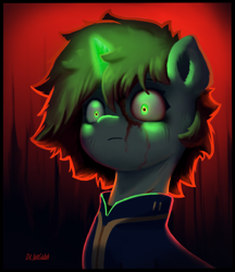 Size: 1900x2200 | Tagged: safe, artist:justgaduh, oc, oc only, oc:littlepip, pony, unicorn, fallout equestria, bleeding, blood, female, glowing, glowing horn, horn, implied murder, mare, solo