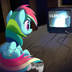 Size: 2048x2048 | Tagged: safe, artist:chipchapp, rainbow dash, pegasus, pony, g4, cable, controller, crt, female, folded wings, gamer dash, high res, looking at something, mare, playstation, silent hill, sitting, smiling, solo, television, wings