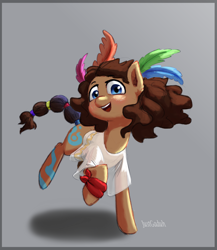 Size: 2600x3000 | Tagged: safe, artist:justgaduh, oc, oc only, earth pony, pony, clothes, feather, feather in hair, female, gray background, mare, shirt, simple background, solo