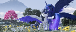 Size: 3440x1440 | Tagged: safe, artist:thelunagames, princess luna, oc, oc:crystalmoon, alicorn, pegasus, pony, g4, 3d, 4k, blender, cinema4d, flower, hair, high res, photoshop, spread wings, tree, ultra widescreen, wings