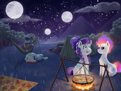 Size: 2200x1658 | Tagged: safe, artist:justgaduh, oc, oc only, bat pony, earth pony, pony, basket, beard, black sclera, campfire, camping, cooking, facial hair, female, fire, fire hair, glasses, guitar, hammock, lying down, male, mare, multiple moons, musical instrument, night, picnic basket, picnic blanket, pot, prone, scenery, sleeping, stallion, stew, tent