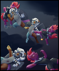 Size: 1900x2300 | Tagged: safe, artist:justgaduh, tempest shadow, oc, draconequus, pony, unicorn, semi-anthro, armor, black eye, chest fluff, clothes, duo, female, fight, hoof shoes, horn, kicking, lying down, male, mare, punch, sparks, torn clothes