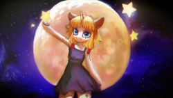 Size: 1920x1080 | Tagged: safe, artist:hierozaki, oc, oc only, oc:syl, pony, unicorn, semi-anthro, clothes, dress, full moon, horn, looking at you, moon, smiling, smiling at you, solo, stars, tangible heavenly object, unicorn oc