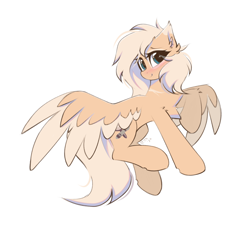 Size: 1150x1077 | Tagged: safe, artist:rieyadraws, oc, oc only, oc:mirta whoowlms, pegasus, pony, blue eyes, chest fluff, colored wings, colored wingtips, cute, ear fluff, facial markings, flying, looking at you, multicolored wings, pegasus oc, simple background, smiling, smiling at you, solo, spread wings, white background, wings