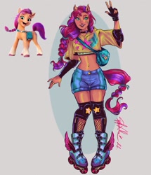 Size: 1759x2047 | Tagged: safe, artist:persephone alune, artist:persfonelua, sunny starscout, human, g5, belly, belly button, braid, braided ponytail, braided tail, curvy, hourglass figure, humanized, long hair, midriff, ponytail, roller skates, rollerblades, scrunchie, skates, sunny's bag, tail, tailed humanization