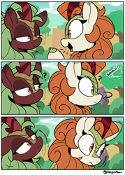 Size: 2081x2902 | Tagged: safe, artist:icey, autumn blaze, cinder glow, summer flare, kirin, pony, g4, comic, duo, duo female, emanata, female, head tilt, high res, lidded eyes, mare, onomatopoeia, open mouth, open smile, question mark, smiling, squeak, turned head
