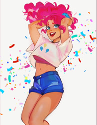 Size: 1170x1497 | Tagged: safe, artist:chloe dawn, artist:eggheadscientist, pinkie pie, human, g4, abstract background, arm behind head, belly button, clothes, confetti, cutie mark on clothes, denim, denim shorts, female, humanized, midriff, open mouth, open smile, ponytail, shorts, smiling, solo, tan skin, thighs