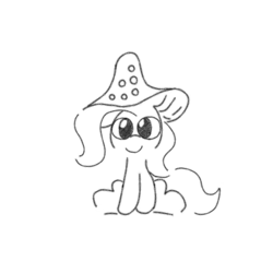 Size: 1080x1080 | Tagged: safe, artist:borgib, trixie, pony, unicorn, g4, female, hat, horn, monochrome, mushroom, mushroom hat, simple background, sitting, white background